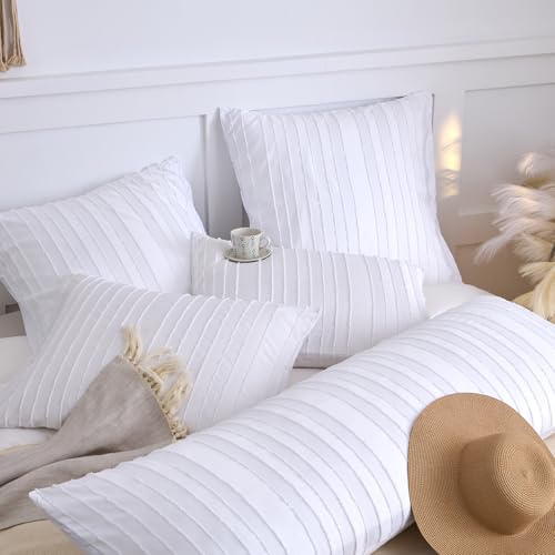 King Pillow Shams 2 Pack, King Size Pillowcases, Soft Microfiber Geometric Striped Tufted Pillow Covers with Envelope Closure, White, 20x36 Inches (No Insert) - color: White-stripe, size: King(20*36)