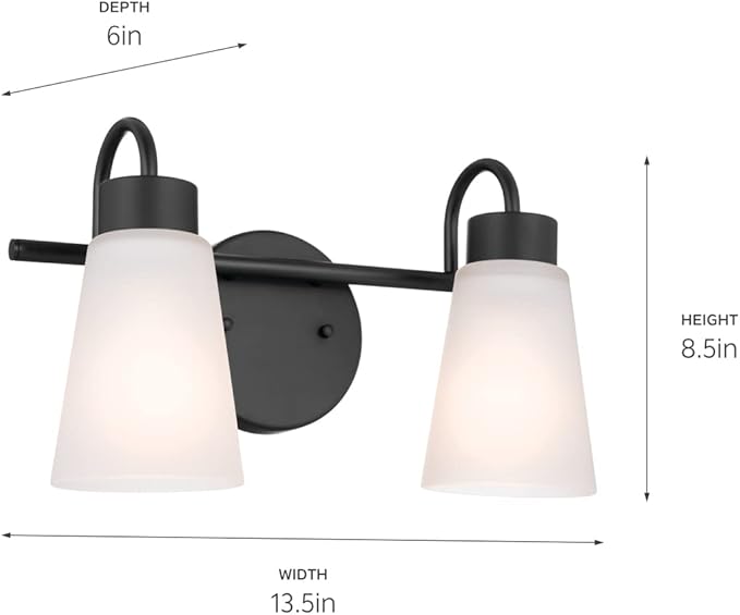 Kichler Erma 2-Light Bathroom Vanity Light Fixture with Clear Satin Etched Glass, Updated Traditional Wall Light in Black, (13.5" x 8.5")