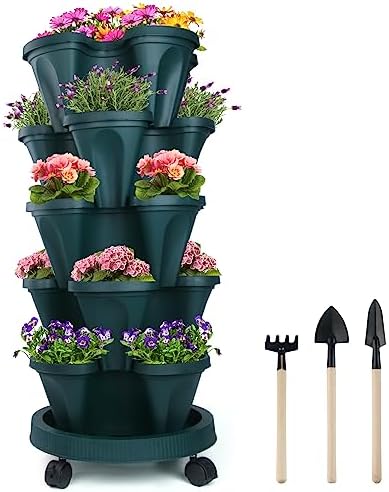 DUNCHATY Stackable Vertical Garden Planter with Wheels, 5 Tier Herb Planter Pots for Growing Vegetables and Succulents, Pine Green