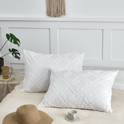 Queen Pillow Shams 2 Pack, Queen Size Pillowcases, Soft Microfiber Geometric Tufted Pillow Covers with Envelope Closure, White, 20x30 Inches (No Insert) - color: White-grid, size: Queen(20*30)