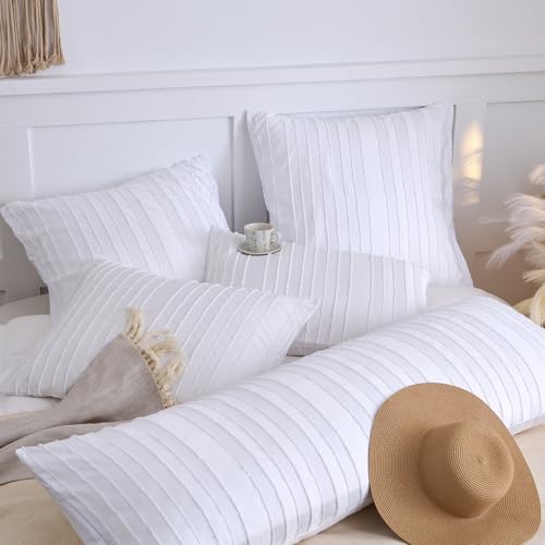 King Pillow Shams 2 Pack, King Size Pillowcases, Soft Microfiber Geometric Striped Tufted Pillow Covers with Envelope Closure, White, 20x36 Inches (No Insert) - color: White-stripe, size: King(20*36)