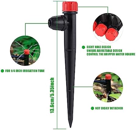 Drip Irrigation Emitters Adjustable 360 Degree Drip Emitters on 5" with Stake for 1/4" Drip Irrigation Tubing Irrigation Drippers for Garden Watering System. (50pcs-Red Drip)