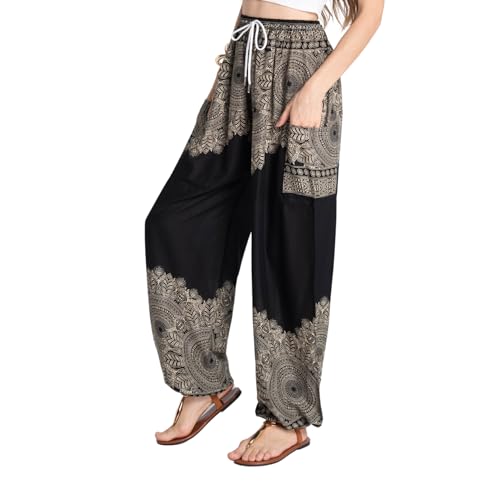 Tranquil Threads Women's Harem Pants with Pockets and Drawstring, Hippie Boho Yoga Clothes - color: Smokey Black, size: Medium