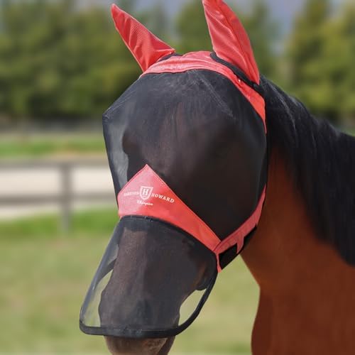 Harrison Howard Pro Luminous Horse Full Face Fly Mask Large Eye Space Long Nose with Ears UV Protection for Horse Coral Orange XL