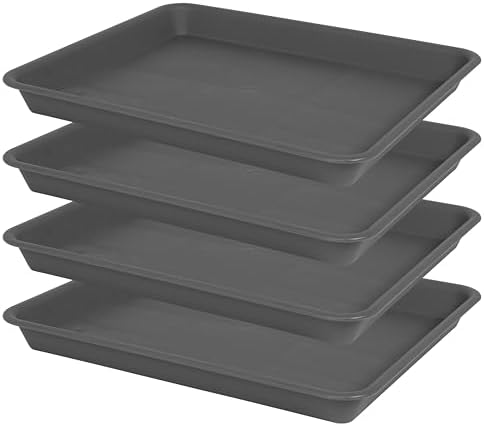VUWEZ 4 Pack Plant Saucer Tray Rectangular, Plant Saucers for Indoors, Heavy Sturdy Plastic Plant Drainage Trays, Plant Drip Trays for Pots, Seed Starter Growing Tray (11 x 9 inch, Gray)