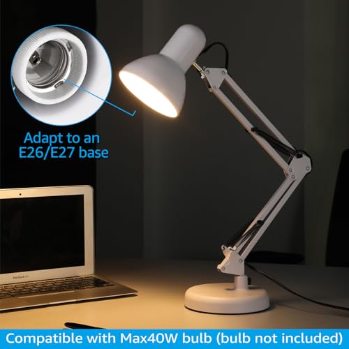TORCHSTAR Metal Desk Lamp with Clamp, Swing Arm, Architect Adjustable Gooseneck Table Lamp, Clip Desk Lights for Home Office, Work, Study, Reading, E26 Base, Multi-Joint, White - color: White