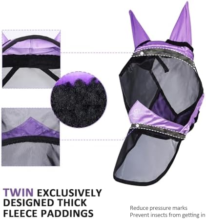 Harrison Howard Pro Luminous Horse Full Face Fly Mask Large Eye Space Long Nose with Ears UV Protection for Horse Gentle Lavendar L