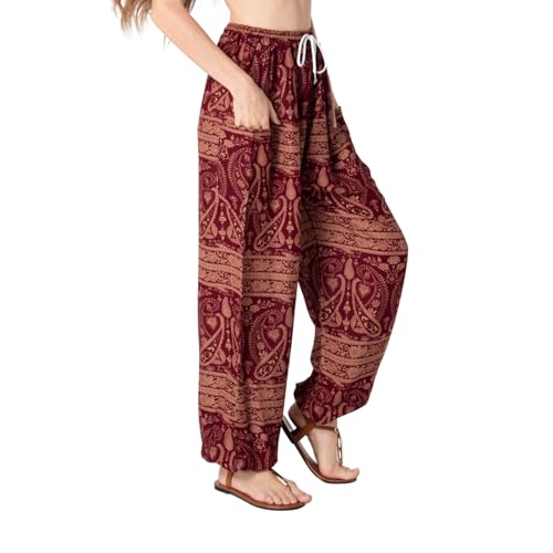Tranquil Threads Women's Harem Pants with Pockets and Drawstring, Hippie Boho Yoga Clothes - color: Maroon Whisper, size: X-Large