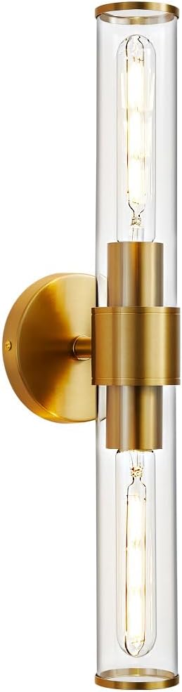 Gold Wall Sconce, Bathroom Light Fixtures in Clear Glass Indoor Wall Sconces, Modern Sconce Wall Lighting Up and Down Vanity Lights Fixtures for Bathroom,Living Room - Bulb Not Included