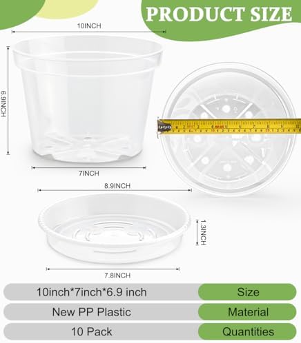 10 Pack 10 Inch Clear Nursery Pots with Saucers, Transparent Sturdy Plastic Plant Pots, Large Gardening Pots with Drainage Hole, Planting Starter Pot for Indoor Outdoor Flowers Herbs Vegetables