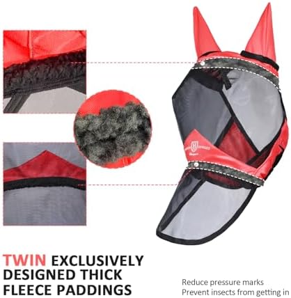 Harrison Howard Pro Luminous Horse Full Face Fly Mask Large Eye Space Long Nose with Ears UV Protection for Horse Coral Orange XL