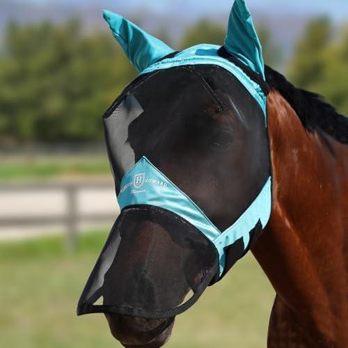 Harrison Howard Pro Luminous Horse Full Face Fly Mask Large Eye Space Long Nose with Ears UV Protection for Horse Teal S