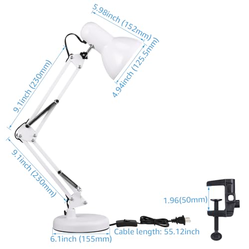 TORCHSTAR Metal Desk Lamp with Clamp, Swing Arm, Architect Adjustable Gooseneck Table Lamp, Clip Desk Lights for Home Office, Work, Study, Reading, E26 Base, Multi-Joint, White - color: White