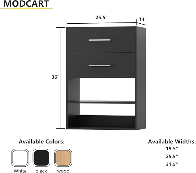 2 Drawer Short Tower Closet Unit, Modular Closet System, Wood Closet System Organizer with Storage for Walk In Closets, Clothing Rack Closet for Hanging Clothes, Bedroom, Black, 25.5"W
