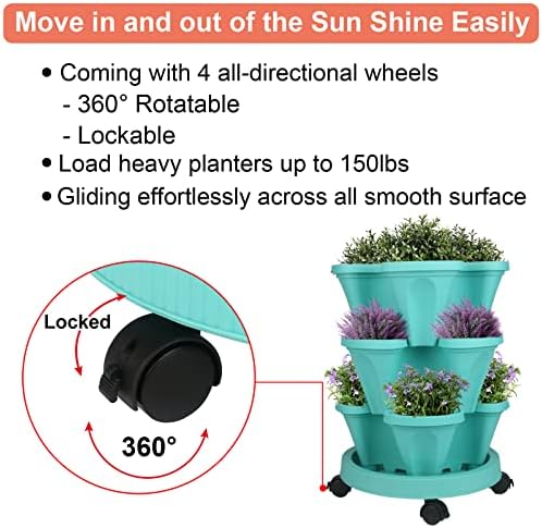GameXcel Vertical Planter Tower - 3 Tier Stackable Garden Planters with Wheels and Tools Plant Pots for Strawberry Herb Flower and Vegetable Indoor Outdoor Use Teal 2 Pack