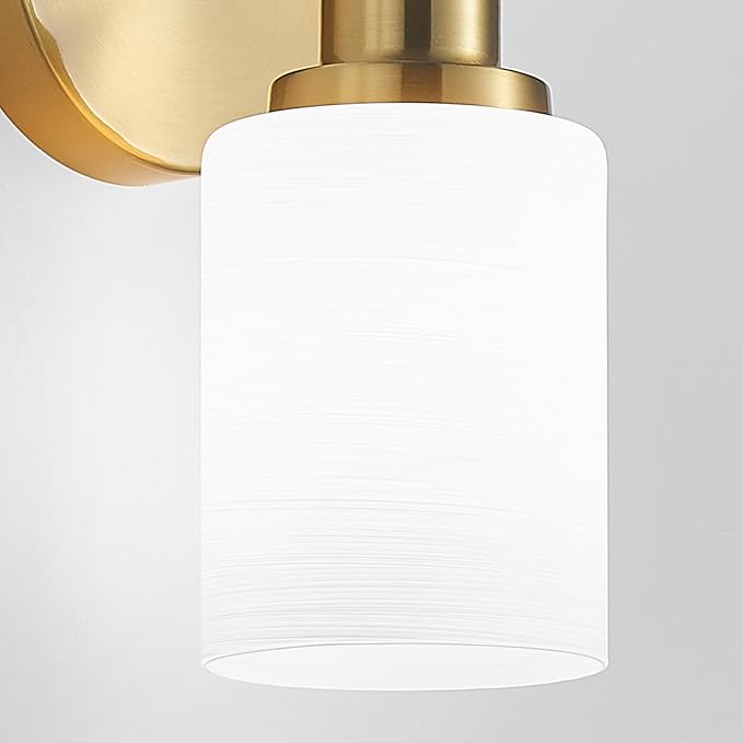 5-Light Vanity Lights, Brushed Gold Bathroom Light Fixture with Striped Textured Milky White Glass Shade, E26 Modern Vanity Lighting Fixture for Bathroom Wall Sconce Light Over Mirror