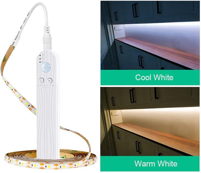 LED Under Cabinet LED Strip Motion Sensor, Battery Powered Bed Stairs Wardrobe Lamp Tape, Waterproof 5V LED Closet Smart Night Strip Light (2M, Warm White)