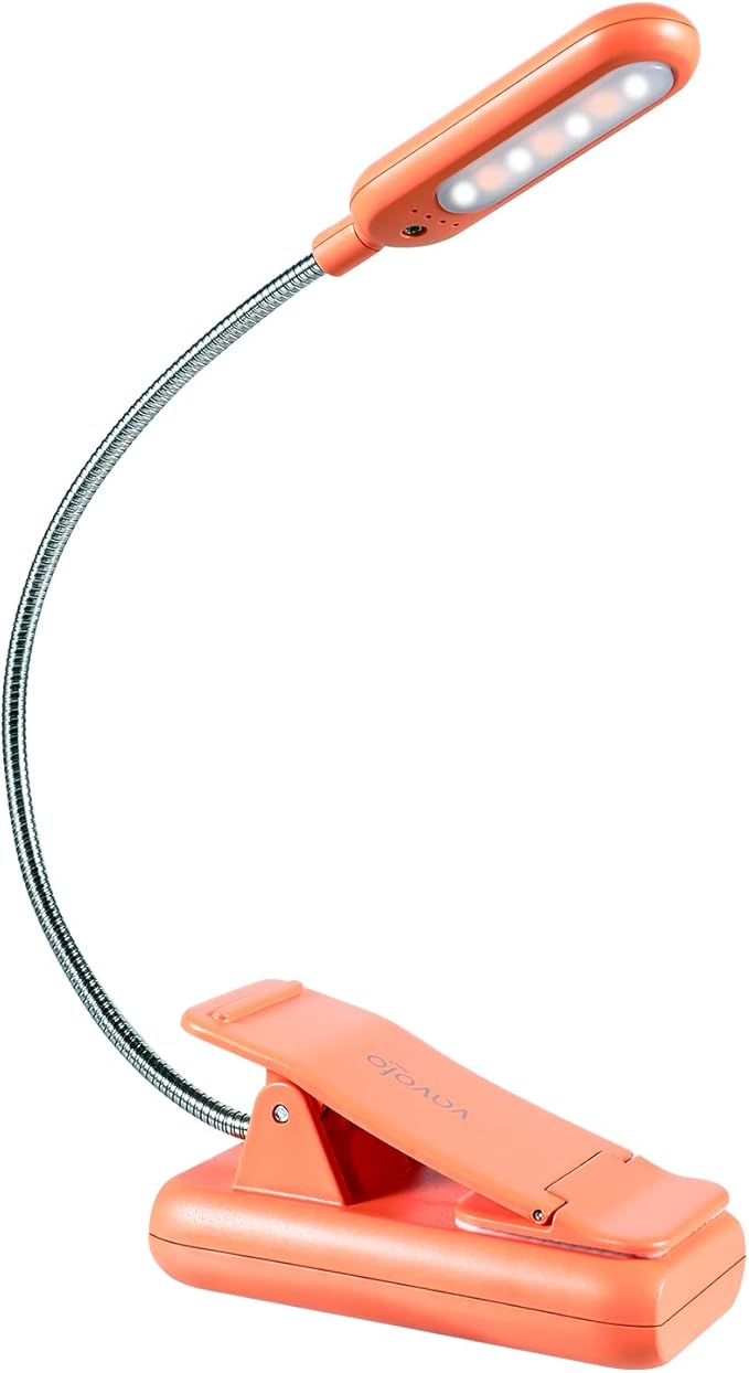 VAVOFO Rechargeable Book Light for Reading in Bed Kids, 7 LED Reading Light with 9-Level Warm Cool White Daylight, Eye Care Lamp with Power Indicator for Bookworms (Orange)