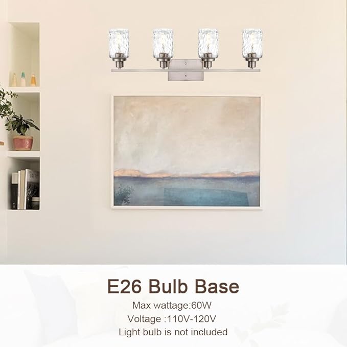 MELUCEE 4-Light Wall Light Fixtures Brushed Nickel Bathroom Vanity Light with Clear Hammered Glass Shade, Modern Wall Lamp for Powder Room Bedroom Porch (Patent No.: US D963914 S)