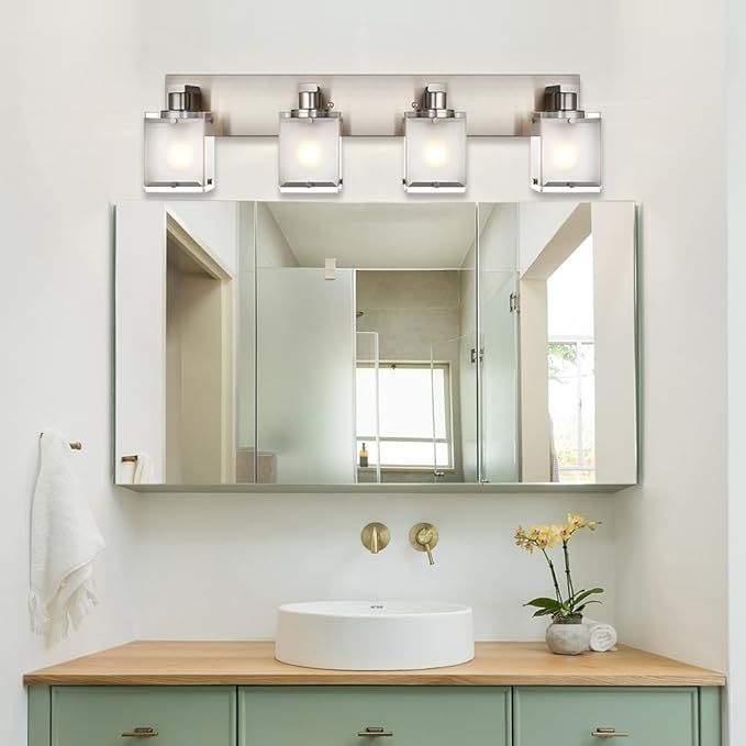 4-Lights Bathroom Light Fixtures Over Mirror, Brushed Nickel Vanity Wall Mounted Lighting with Frosted Glass for Kitchen Living Room, E26 Bulb Base