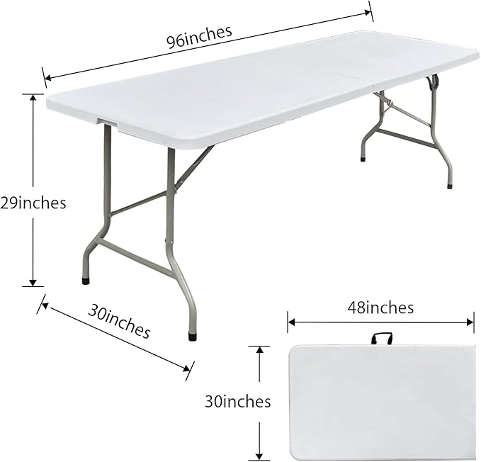 8 Foot Folding Table 96 inch Heavy Duty 8ft Plastic Portable Foldable Table with Handle Indoor Outdoor White 8' Dining Table for Picnic, Party and Camping