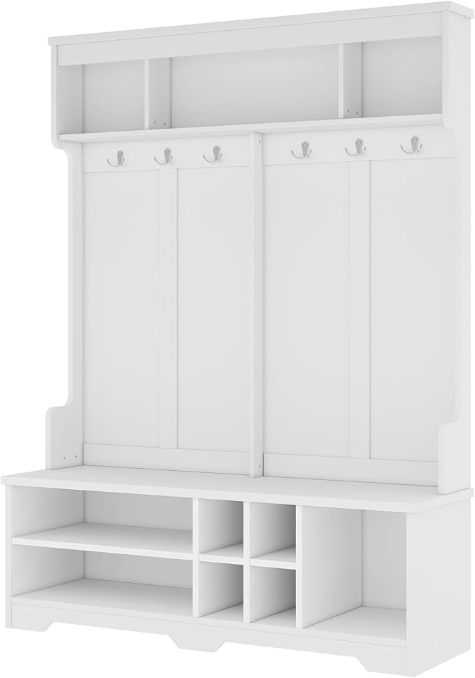 Modern Hall Tree with Metal Hooks and Storage Space, Wood Multi-Functional Entryway Coat Rack with Shoe Cubbies for Hallway Living Room Bedroom (White/r11)