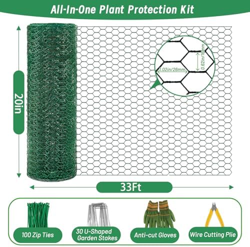 Plant Protectors from Animals, 16.4 x 16In Green PVC Coated Galvanized Chicken Wire Mesh Roll, 0.8mm Free-Cut Plant Cage with Ties, Stakes, Gloves, Pliers & Floral Wire (33Ft*20In)