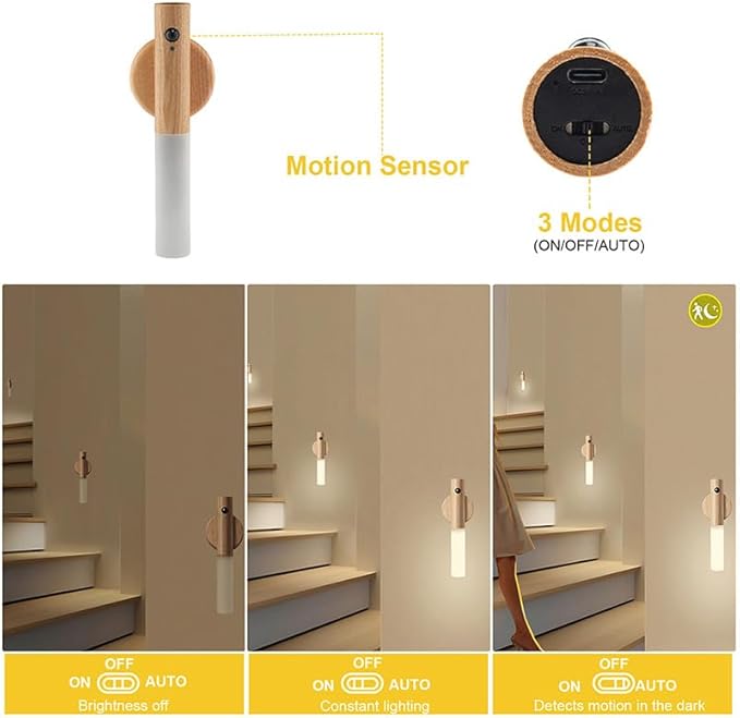 LANDGOO Wooden Motion Sensor Night Lights, Magnet Body Hallway Lamp, Rechargeable LED Wall Sconces, Portable for Stairway Bedroom, Battery Powered (White Ash Wood 2PC)