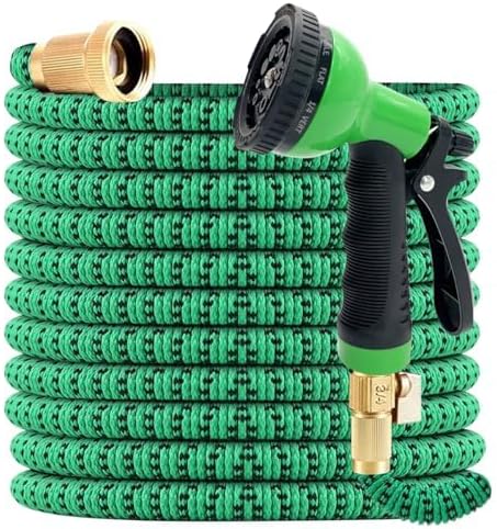 J&B XpandaHose 75ft Expandable Garden Hose with Holder - Heavy Duty Superior Strength 3750D - 4 -Layer Latex Core - Extra Strong Brass Connectors and 10 Spray Nozzle w/Storage Bag (Green 75)