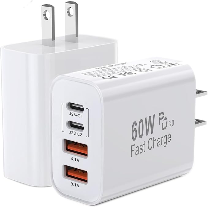 60W USB C Charger Block,2Pack 4-Port GaN USB C Charger Fast Charging Wall Plug Dual Type C+Dual USB-A Port Multiport Power Adapter Cube for iPhone 17 Pro Max/16e/15/14/13/12/11,iPad Pro/Air/Mini