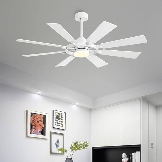 ELEHINSER 60 Inch Ceiling Fan with Lights and Remote Control, 8 Plywood Blades, 6-Speed Noiseless Reversible DC Motor, 3CCT, Windmill Ceiling fan for Kitchen Bedroom Living Room, Gloss White