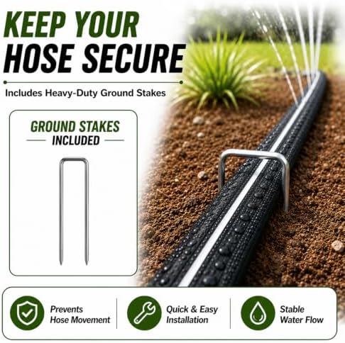 2-Pack Sprinkler Hose with Holes 15 Ft, Flat Soaker Hose 30 ft with Garden Staples, Drip Irrigation Hoses for Lawn, Watering Hose System (Black, 30 ft(15ftx2pack))