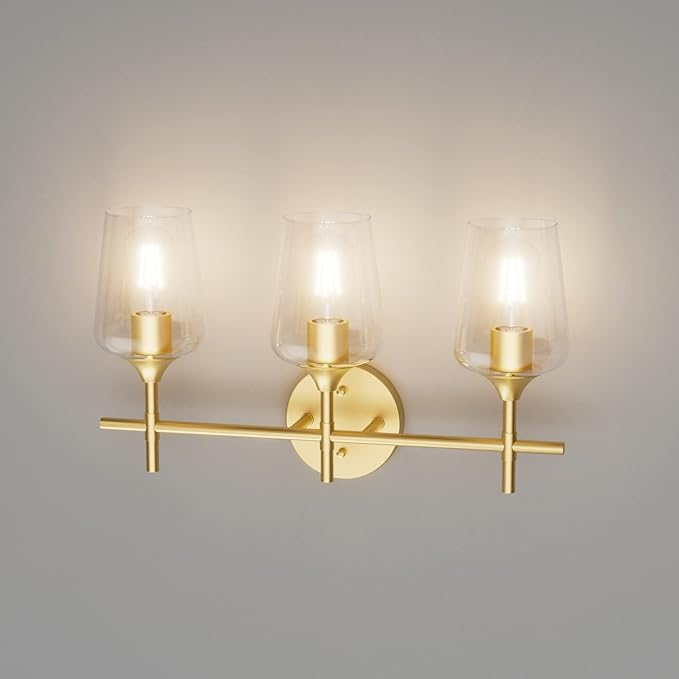 Ralbay Gold Bathroom Vanity Light 3-Lights Vintage Gold Vanity Lights Wall Lighting Clear Glass Gold Bathroom Light Fixtures Over Mirror