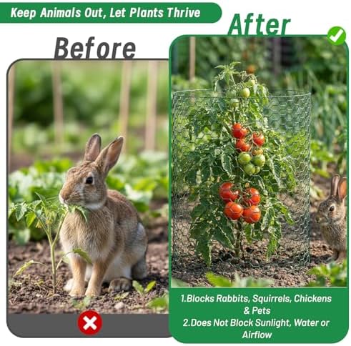Plant Protectors from Animals, 16.4 x 16In Green PVC Coated Galvanized Chicken Wire Mesh Roll, 0.8mm Free-Cut Plant Cage with Ties, Stakes, Gloves, Pliers & Floral Wire (33Ft*20In)