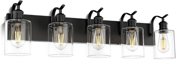 5 Light Bathroom Vanity Light, Black Light Fixture Morden Bathroom Lighting Fixtures Over Mirror Black Wall Sconces with Clear Glass Shade ZCVL01BK-5