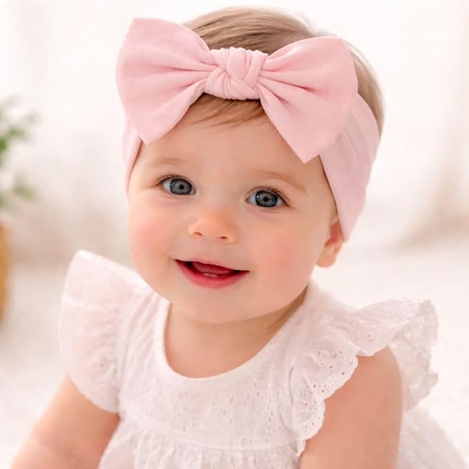 Baby Girl Headbands-Infant,Toddler Cotton Handmade Hairbands with Bows Child Hair Accessories (Soft White, Gray, Pink, Powder Pink)