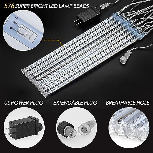 Meteor Shower Rain Lights with 16 Tubes 384 LEDs Waterproof Icicle Snow Fall String Lights for Party Tree Home Patio Outdoor Decoration (16 Tubes, White)