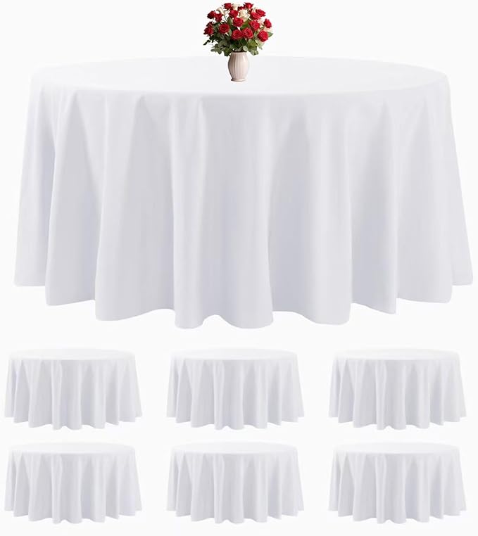6 Pack White Round Tablecloths 132 Inches Table Cloth Stain and Wrinkle Resistant Washable Polyester Table Cover Fabric for Party, Wedding,Dining,and Banquet Decoration