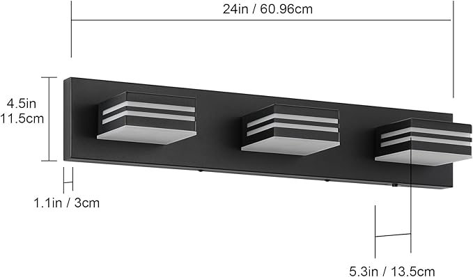 LED Modern Bathroom Vanity Light Fixtures (3-Light, 24-Inch), Matte Black Modern Bathroom Wall Lighting Fixtures Over Mirror (Cool White 6000K)