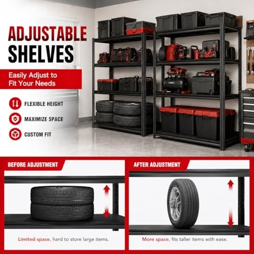Garage Shelving, 1800 LBS Heavy Duty Metal Storage Shelves, 3-Tier Adjustable Storage Rack for Garage, Basement, Warehouse, 27.6" Wx 13.8" Dx 31.5" H