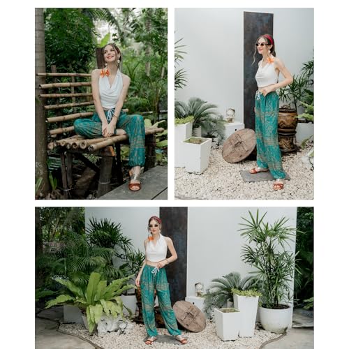 Tranquil Threads Women's Harem Pants with Pockets and Drawstring, Hippie Boho Yoga Clothes - color: Teal Reverie, size: X-Small