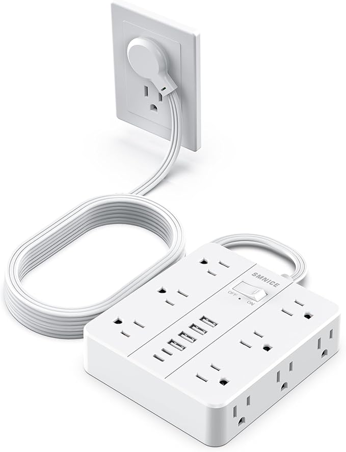 Power Strip Surge Protector 10ft Extension Cord,SMNICE Flat Plug with 12 Outlets 6 USB(2 USB C),Surge Protector Charging Station with Overload Protection for Home, Dorm,Office