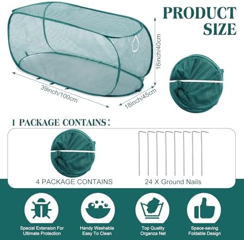 Threehoney 4 Pcs 39" x 18" x 16" Pop up Garden Mesh Plant Cover Outdoor Plant Protector Garden Row Raised Bed Cover with Ground Nails Crop Cage Net for Seedlings Vegetable Fruit Herbs (Dark Green)