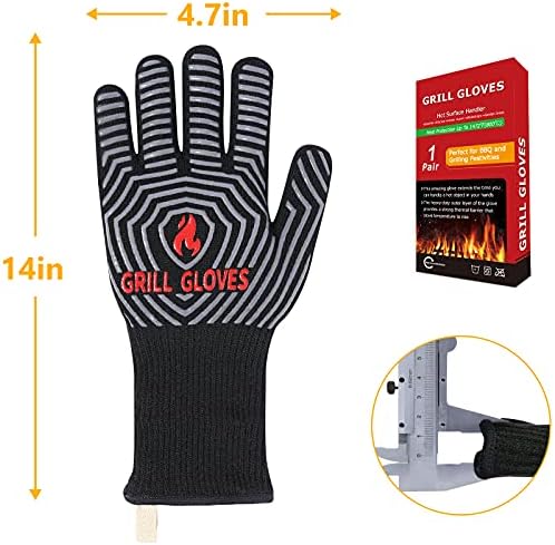 QUWIN BBQ Gloves, Oven Gloves 1472℉ Extreme Heat Resistant, Grilling Gloves Silicone Non-Slip Oven Mitts, Kitchen Gloves for BBQ, Grilling, Cooking, Baking-1 Pair… (Black, One Size(Long Cuff))
