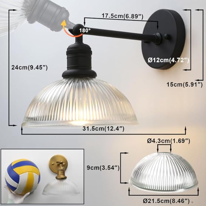 Yosoan Indoor Wall Sconce with Striped Shade, 1-Light Modern Vanity Light Vintage Industrial Single Lamp Hardwired Clear Striped Bowl Glass Shade for Living Room Kitchen Bedroom Home Decor(Black)