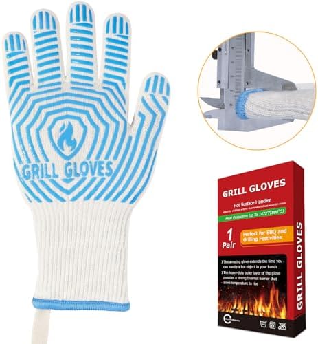 QUWIN BBQ Gloves, Oven Gloves 1472℉ Extreme Heat Resistant, Grilling Gloves Silicone Non-Slip Oven Mitts, Kitchen Gloves for BBQ, Grilling, Cooking, Baking-1 Pair… (Blue, One Size(Long Cuff))