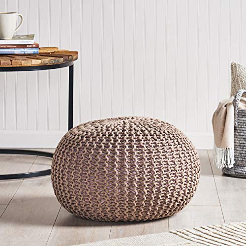 Nahunta Knitted Round Pouf - Cotton - Brown - color: Brown