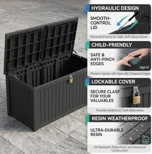 270 Gallon Lockable Resin Outdoor Storage Box, Waterproof & Weather Resistant Deck Box for Patio Cushion, Garden Tools & Accessories, Black New