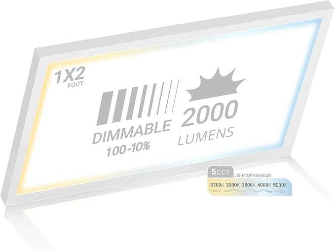 NUWATT 1x2 FT LED Flat Panel, 5CCT 2700K/3000K/3500K/4000K/5000K Selectable, 2000LM, 22W, Internal Driver, Dimmable, 120V, CRI90, 1 x 2 Surface Mount Panel, 12x24 Flush Mount LED Light, 1" Inch Thin