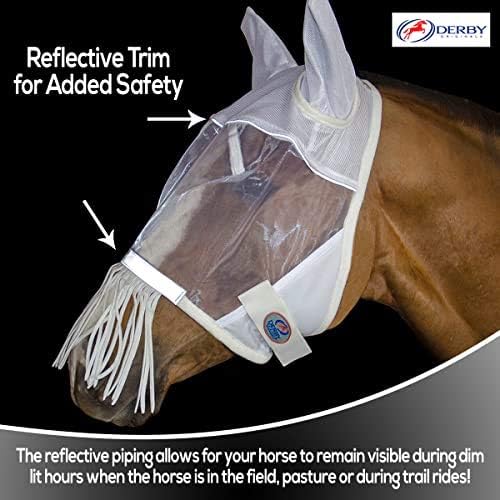Derby Originals Patriotic Reflective Safety Horse Fly Mask with Ears and Nose Cover Fringes with 1 Year Warranty (White, (Small (Pony))